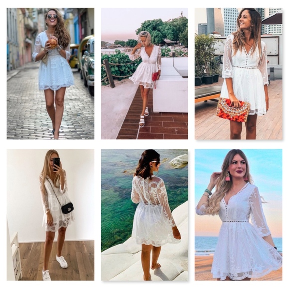 Embroidery on Mesh V-Neck White Mini Dress - Picture 6 of 8